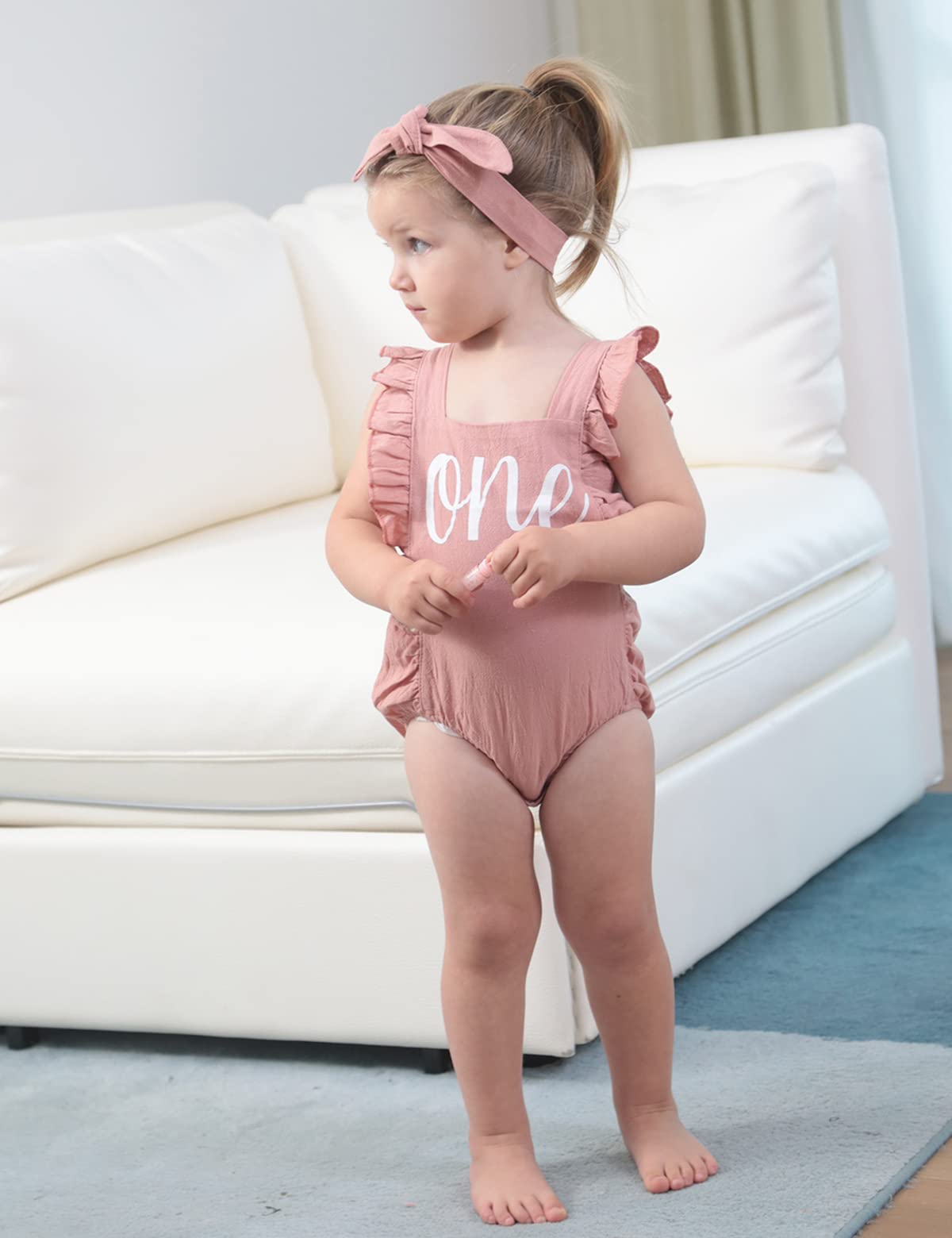 Shalofer Baby Girls One Year Old Outfits First Birthday Romper Cute Backless Ruffles Jumpsuit With Headband (Pink,18-24 Months)