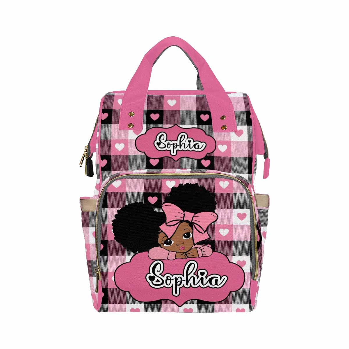 Customized School Bag With Name, Large Capacity Waterproof Diaper Bag, Cute Girl Print Monogram Nappy Backpack With Thermal Pock
