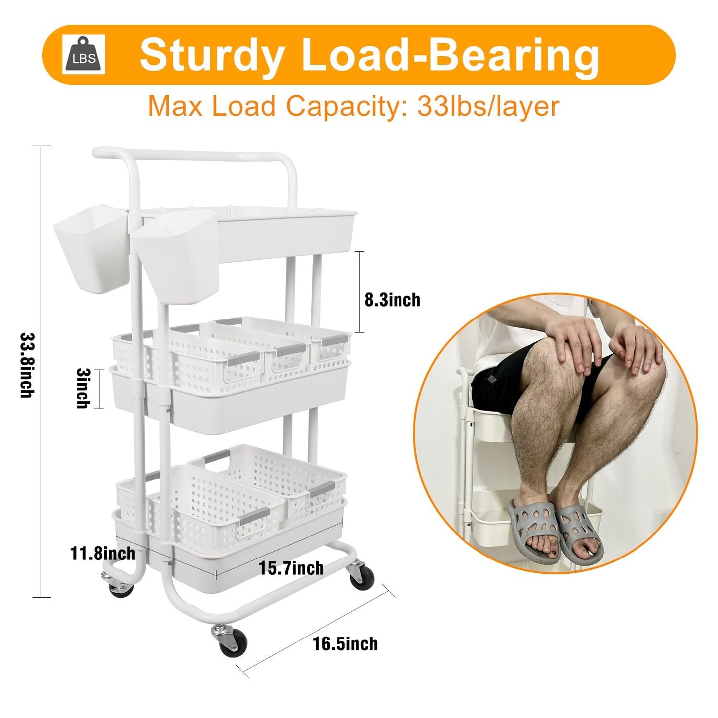 Jolead Baby Nappy Caddy Organiser Cart Movable, 3-Tier Sturdy Newborn Diaper Nursery Essentials Storage Basket For Changing Tabl