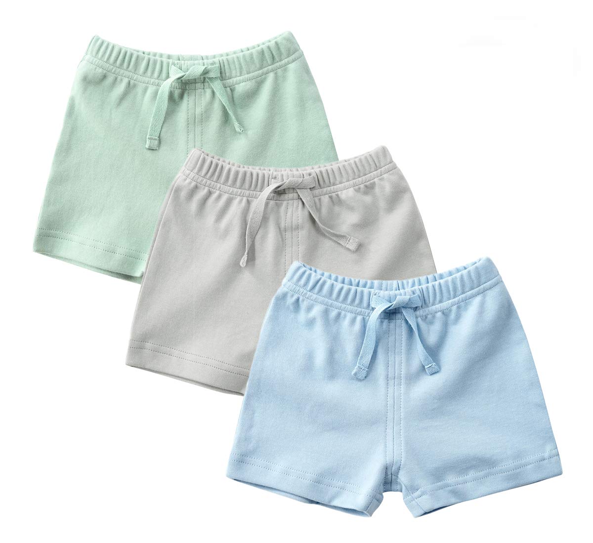 Teach Leanbh Unisex-Baby 3-Pack Cotton Soild Color Short With Drawstring 3-24 Months (12-18 Months, Green/Gray/Blue)