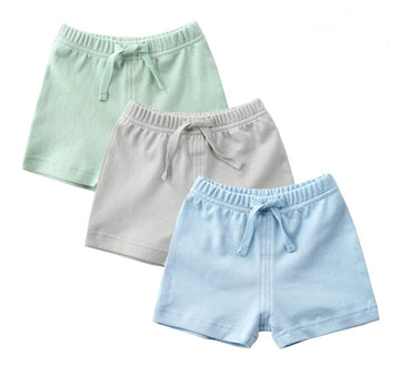 Teach Leanbh Unisex-Baby 3-Pack Cotton Soild Color Short With Drawstring 3-24 Months (12-18 Months, Green/Gray/Blue)