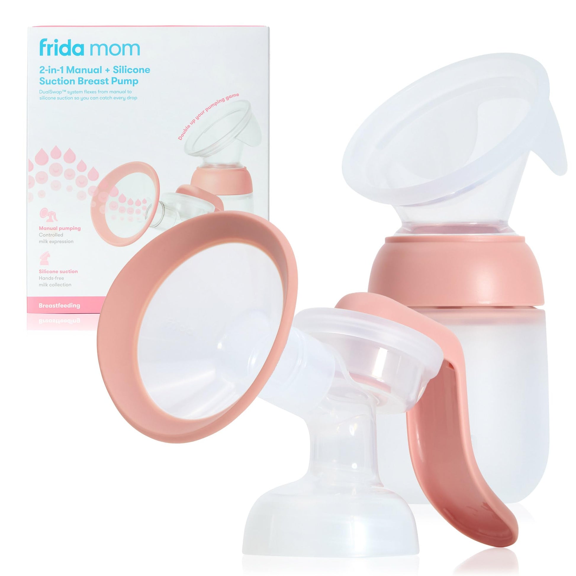 Frida Mom 2-In-1 Manual Breast Pump With Hands-Free Silicone Suction Cup, Milk Collector, Wireless Ergonomic Handle, And Softfee