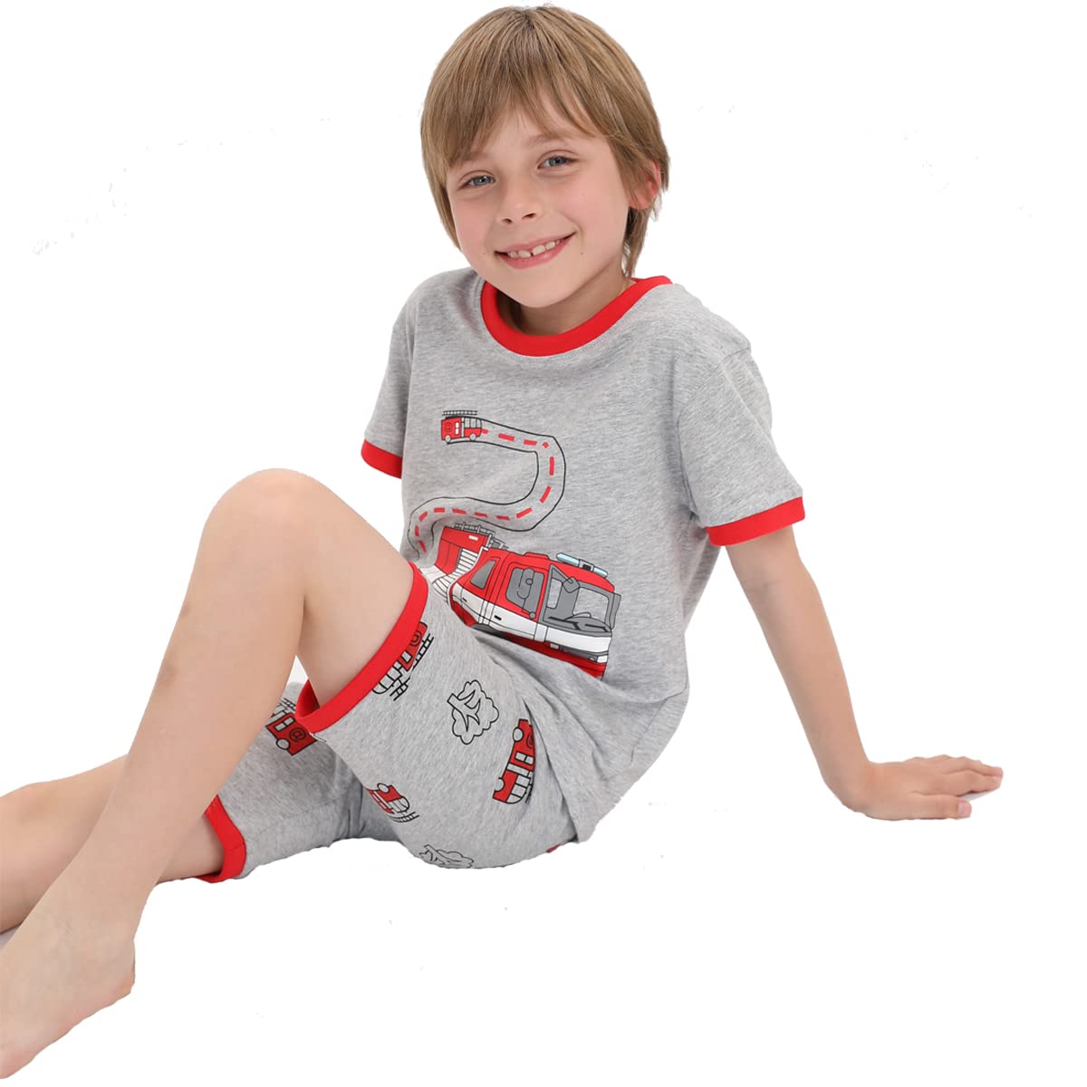 Little Boys Pajamas Shorts Set For Toddler Clothes 100% Cotton Fire Truck Sleepwear Short Sleeve 2 Piece Pjs Sets Kids Summer Cl