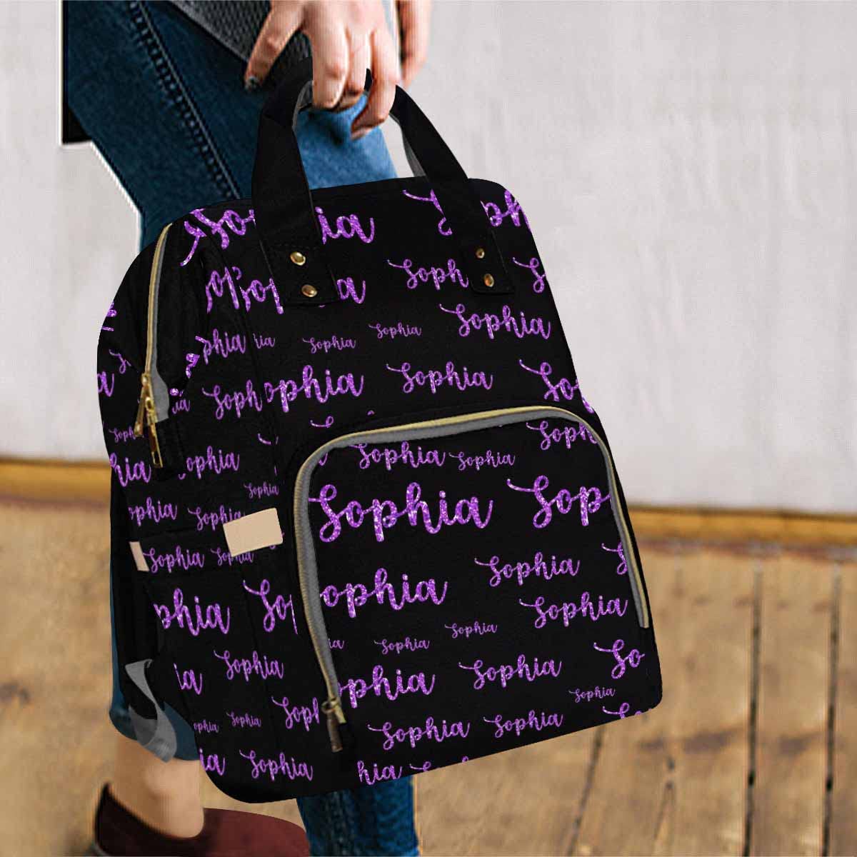 Artsadd Personalized Diaper Bag With Name, Customized Purple Glitter Monogram Nappy Backpack With Thermal Pockets Multi-Function