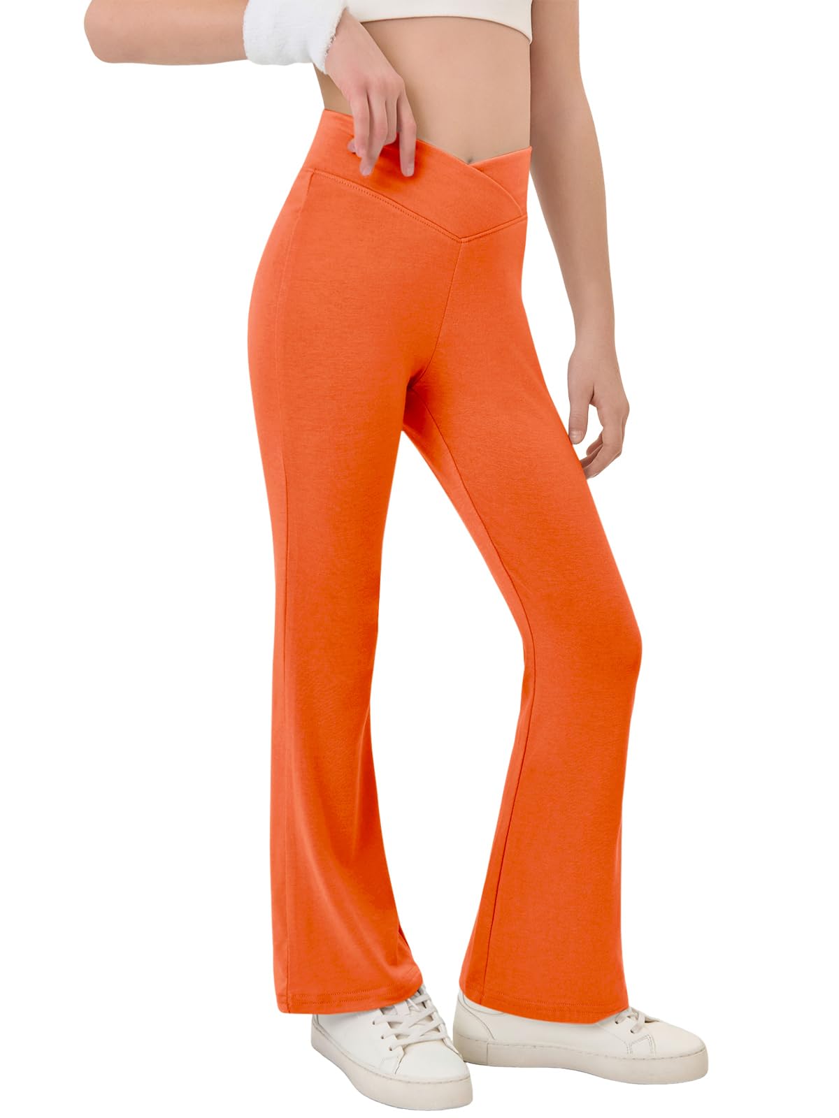 Haloumoning Girls Crossover High Waisted Flare Pants Kids Bootcut Leggings Full Length Bell Bottoms 514 Years, Orange, 910 Yea