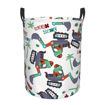 Pevtufa Dinosaur On Excavator2 Foldable Laundry Basket Organizer,Fabric Clothes Toy Storage Basket Nursery Hamper Storage Bin Fo