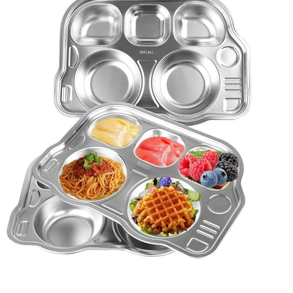 Happy Hues Stainless Steel Divided Meal Plate Tray5 Compartments Dinner Dish For Baby Toddler Kids Eating Food  Bus Shape