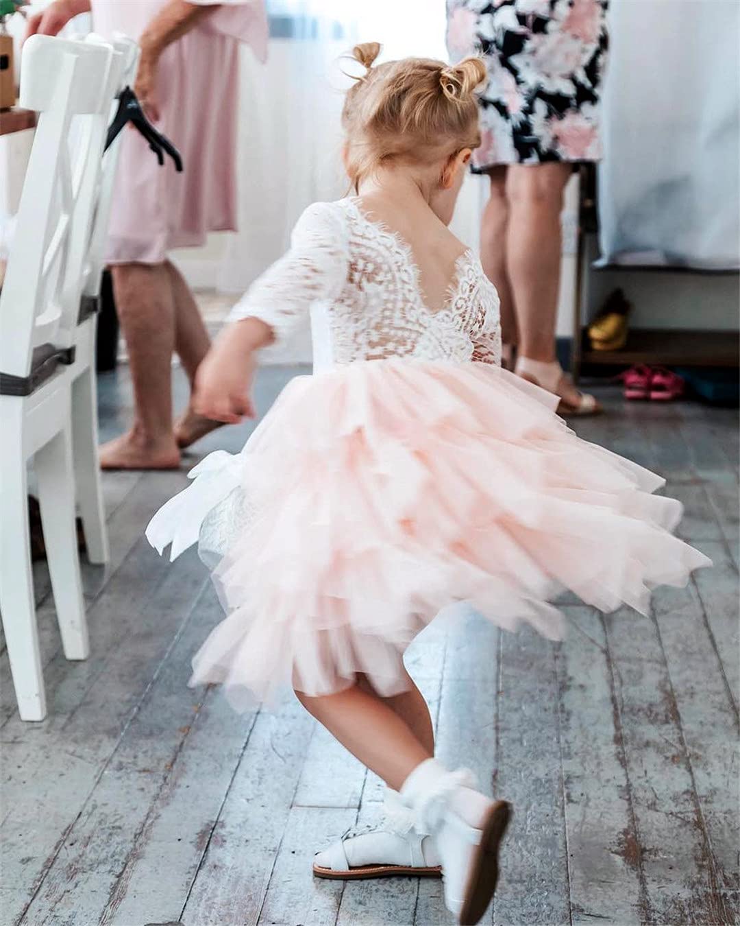 2Bunnies Girl Peony Lace Back A-Line Tiered Tutu Tulle Flower Girl Dress (Pink 3/4 Sleeve Short, 7-8Yrs)