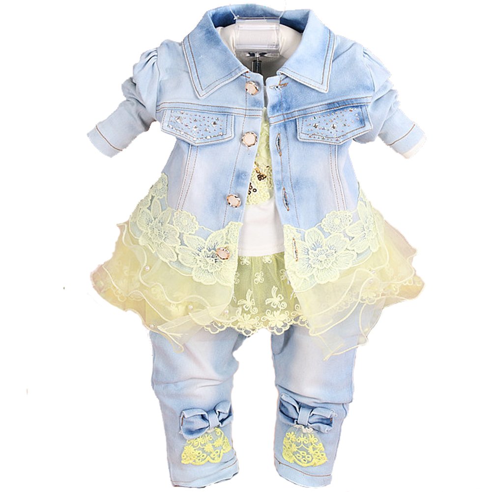 Yao Little Girls Denim Clothing Sets 3 Pieces Sets T Shirt Denim Jacket And Jeans(Yellow,3-4Years)