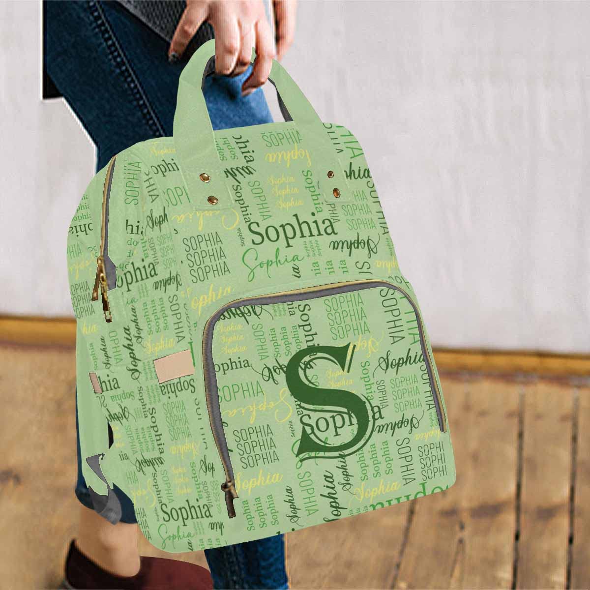 Artsadd Custom Name Diaper Bag Mommy Nappy Bags, Personalized Light Green Handbags Large Capacity Shoulder Bag Multi-Function Nu