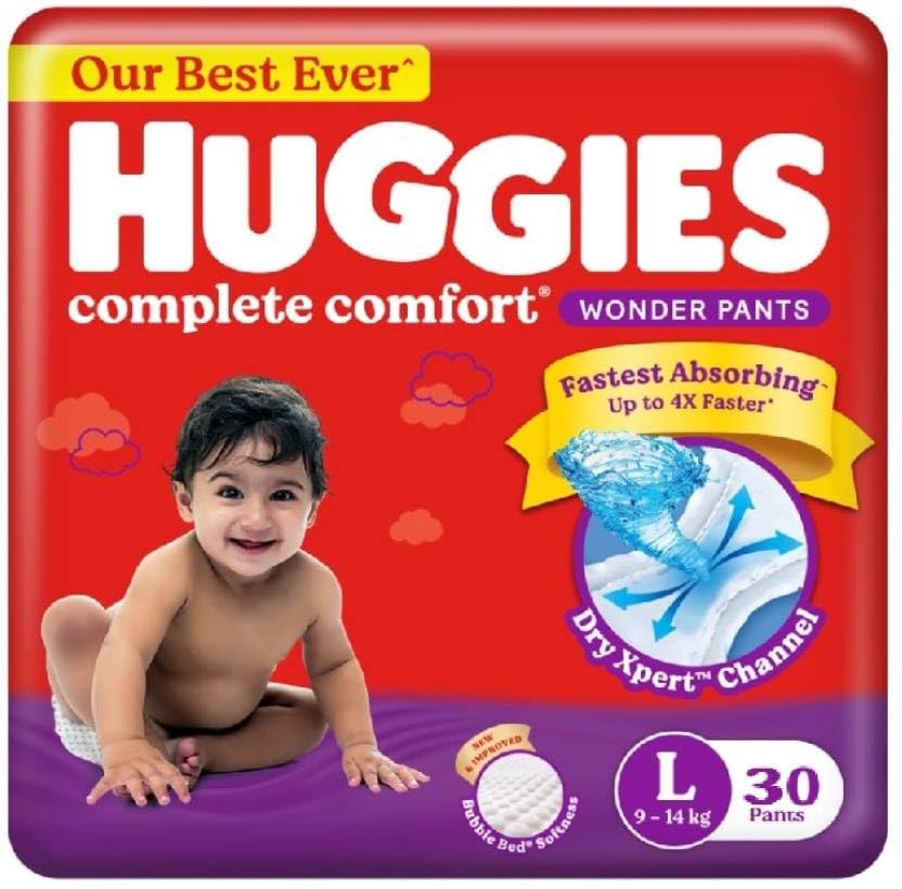 Huggies Complete Comfort Wonder Pants Large (L) Size (914 Kgs) Baby Diaper Pants, 30 Count| IndiaS Fastest Absorbing Diaper Wi