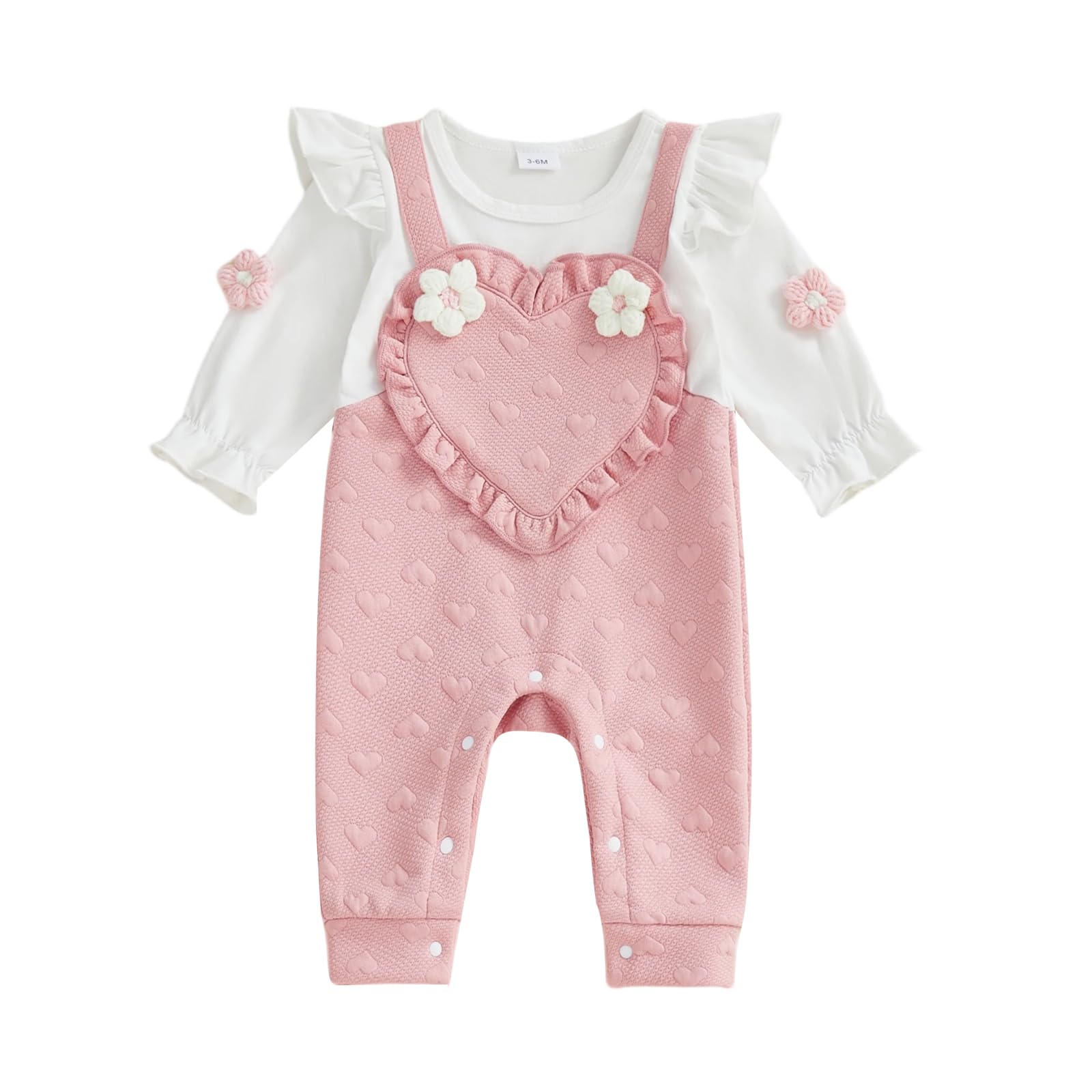 RSRZRCJ Baby Girl Valentines Outfit Newborn Heart Jacquard Romper Ruffle Long Sleeve 3d Floral Jumpsuit Fall Winter Clothes (Pin