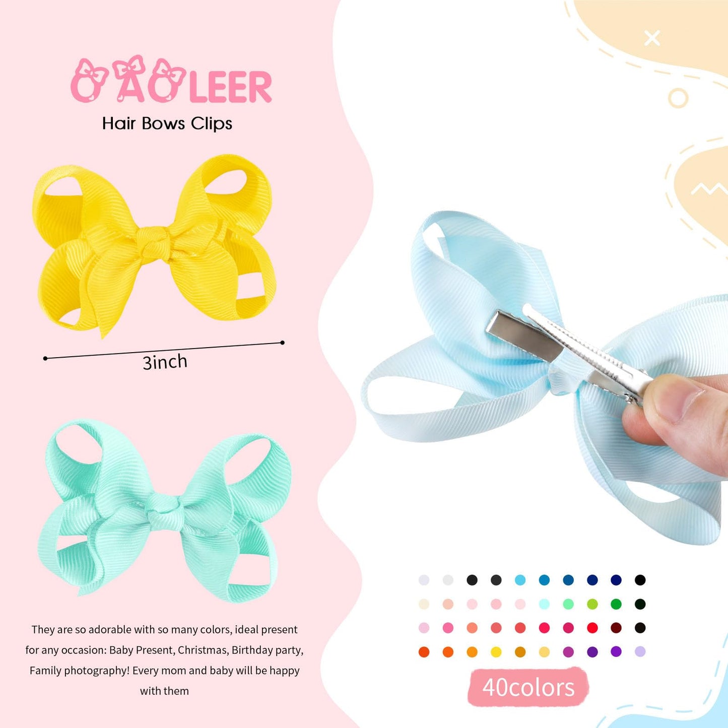 Oaoleer 40 Colors 3 Inch Hair Bows Clips Grosgrain Ribbon Bows Hair Alligator Clips Hair Barrettes Hair Accessories For Girls To