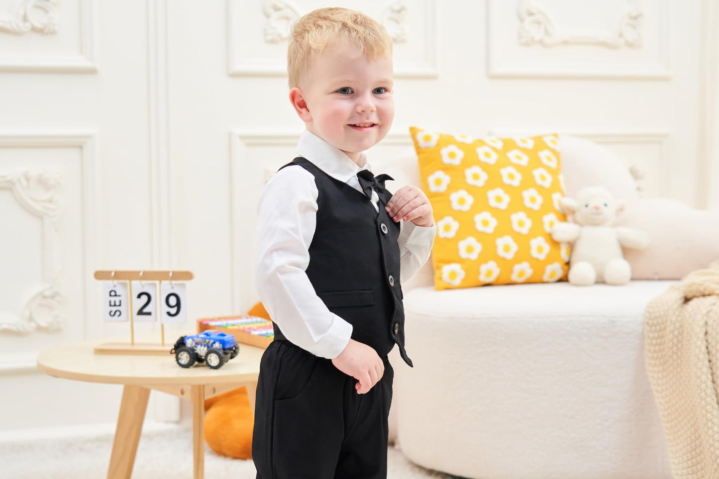 Toddler Boy Clothes Suit Gentleman Wedding Outfits, Formal Dress Shirt+Bowtie+Vest+Pants, Us 18-24 Months = Tag 90