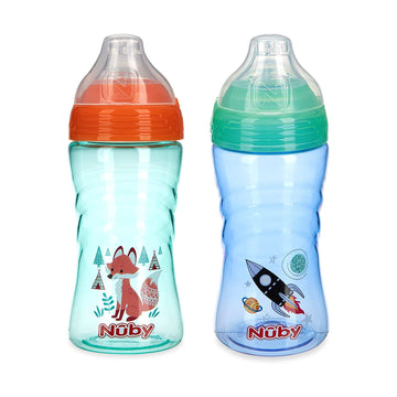 Nuby 2 Pack No Spill Printed Thirsty Kids No-Spill Sip-It Sport Cup With Soft Spout And Lid - 12Oz, 12+ Months, 2 Pack, Rocket/F