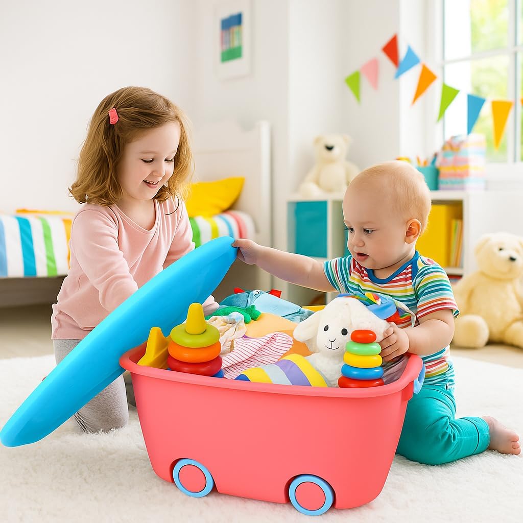 Shuttle Art Pink Storage Box with Wheels & Lid, Kids Multipurpose 45 Litre Large Toy Rolling Storage Container Organizer Bins fo