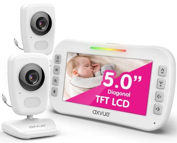 AXVUE Video Baby Monitor, Comfortable Slim Design Handheld Enclosure, 5.0 Screen Monitor & 2 Camera, Range up to 1000ft, 8 Hour 