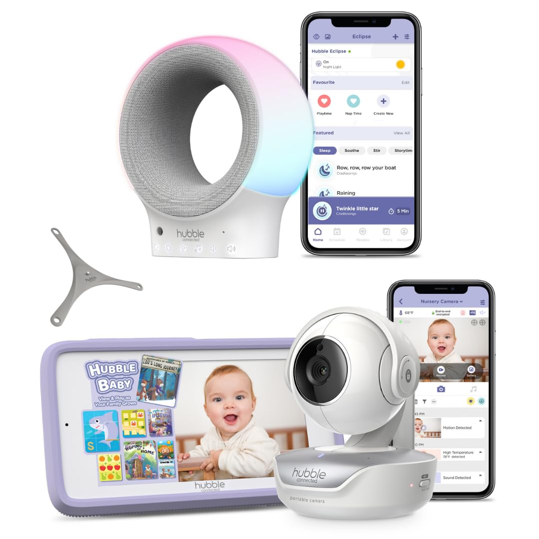 Hubble Connected Eclipse Sound Machine And Nursery Pal Touch Bundle; 5' Smart Wifi Baby Monitor W/Camera & Audio; Flexible Wall