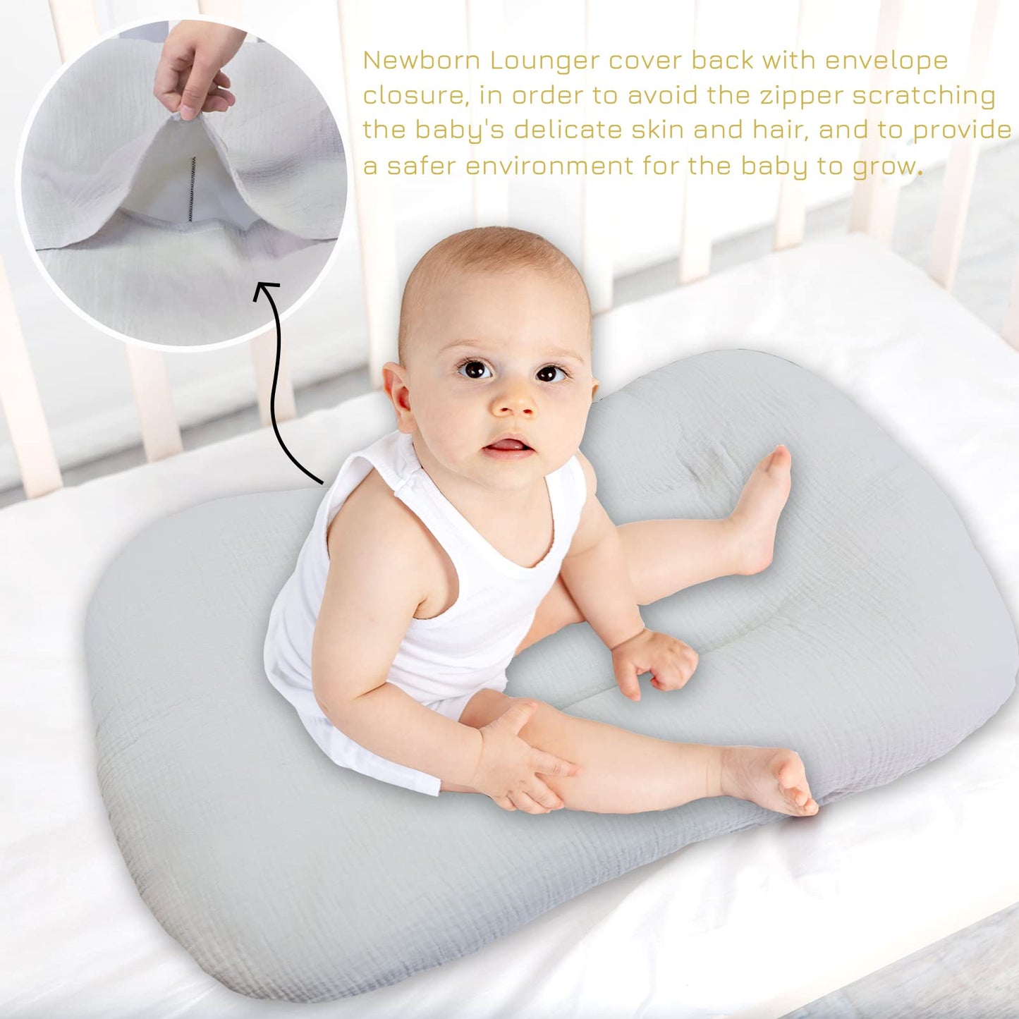 Hooyax Muslin Baby Lounger Cover Soft Organic Cotton Slipcover Fits Newborn Lounger For Baby Boys And Girls, Washable (Light Gra