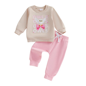 Afunbaby Spring Baby Girl Clothes Toddler Girl Outfit Crewneck Sweatshirt Long Sleeve Shirt Pants Winter Clothing Set (Pink owl,