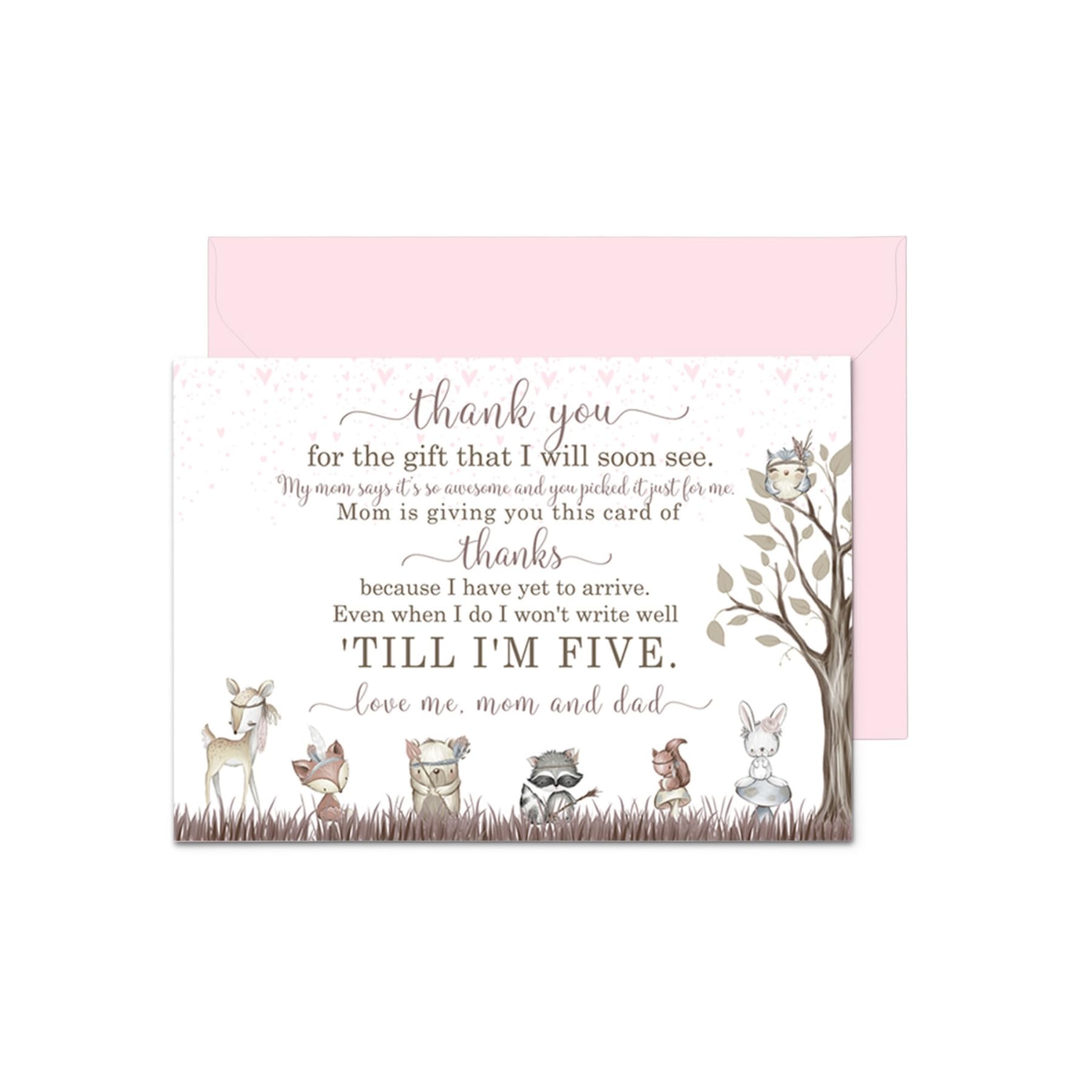Girls Woodland Baby Shower Thank You Cards And Envelopes (15 Pack) Girls Notecards With Message From Babies - Rustic Floral Pink