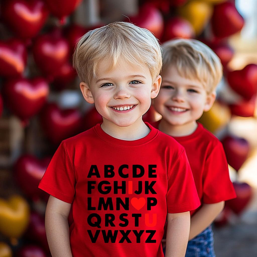 Valentine'S Day T-Shirt For Boy Girls Alphabet Abc I Love U Shirt Kids Short Sleeve Cotton Red Heart Tops 6 Years