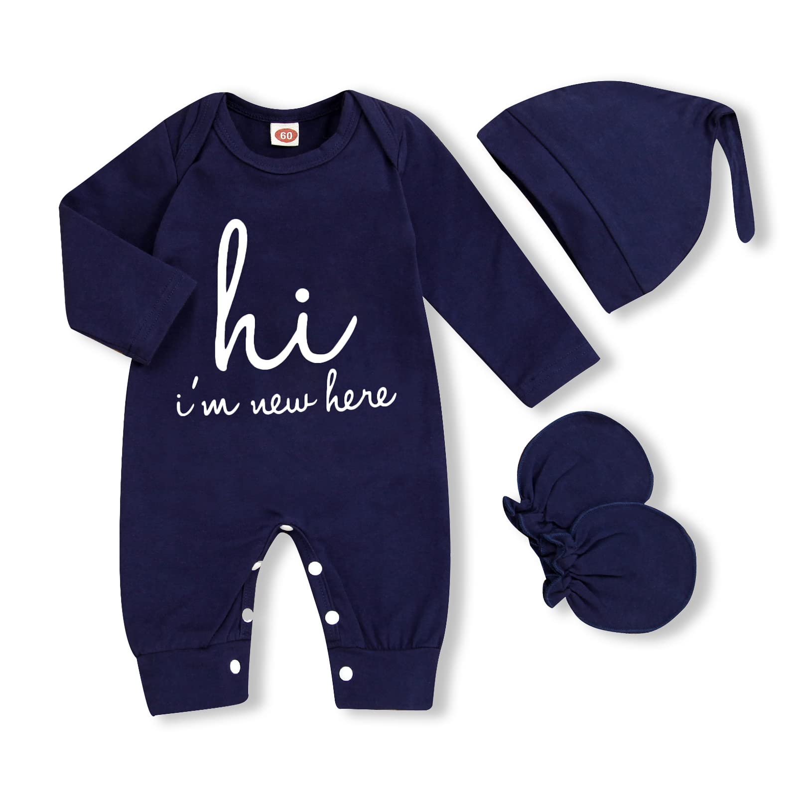 Grnshts Newborn Baby Boy Romper Coming Home Outfits Letter Print Bodysuit Jumpsuit+Hat+Gloves 3Pcs Clothes Set (A-Navy Blue,1-3