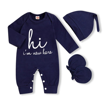 Grnshts Newborn Baby Boy Romper Coming Home Outfits Letter Print Bodysuit Jumpsuit+Hat+Gloves 3Pcs Clothes Set (A-Navy Blue,1-3