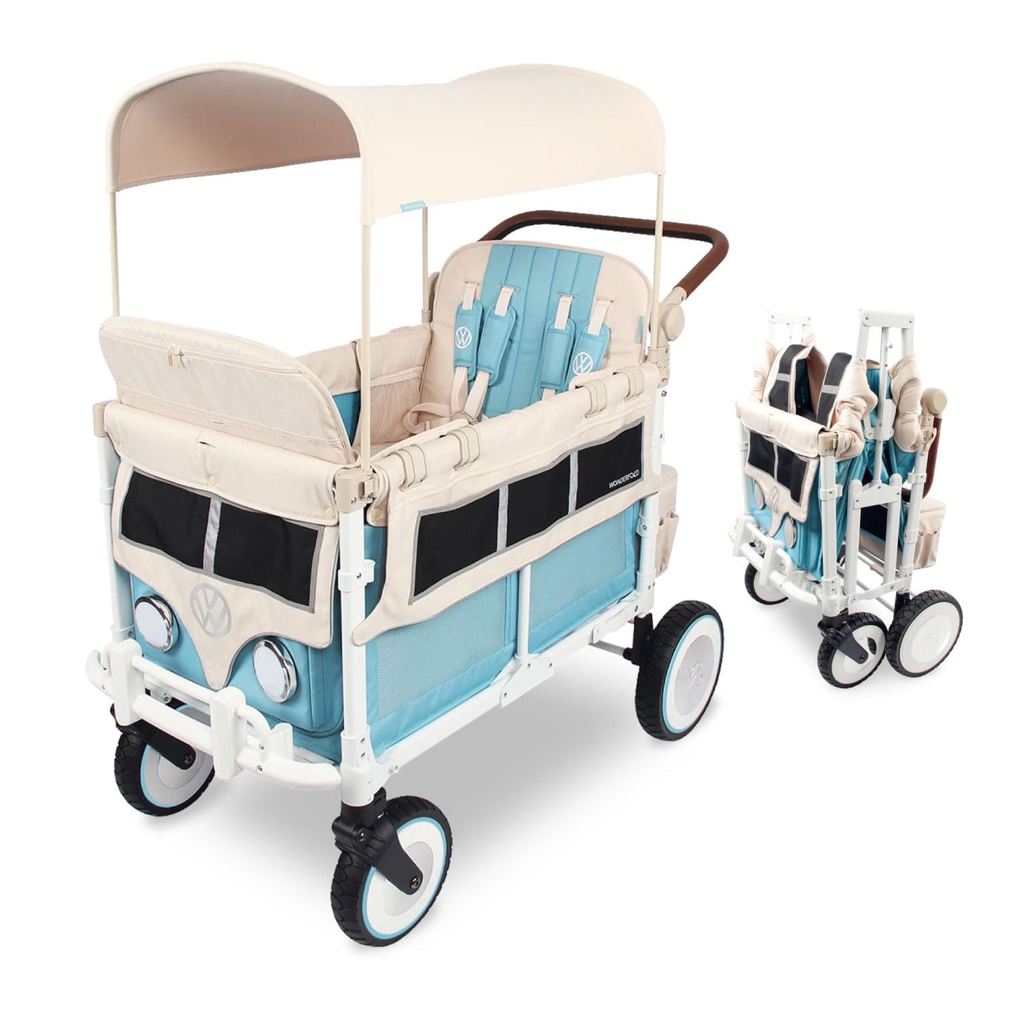 WONDERFOLD Volkswagen Stroller Wagon (4 Seater) - Collapsible Wagon Stroller with VW Bumper, Functioning Headlights, and All-Ter
