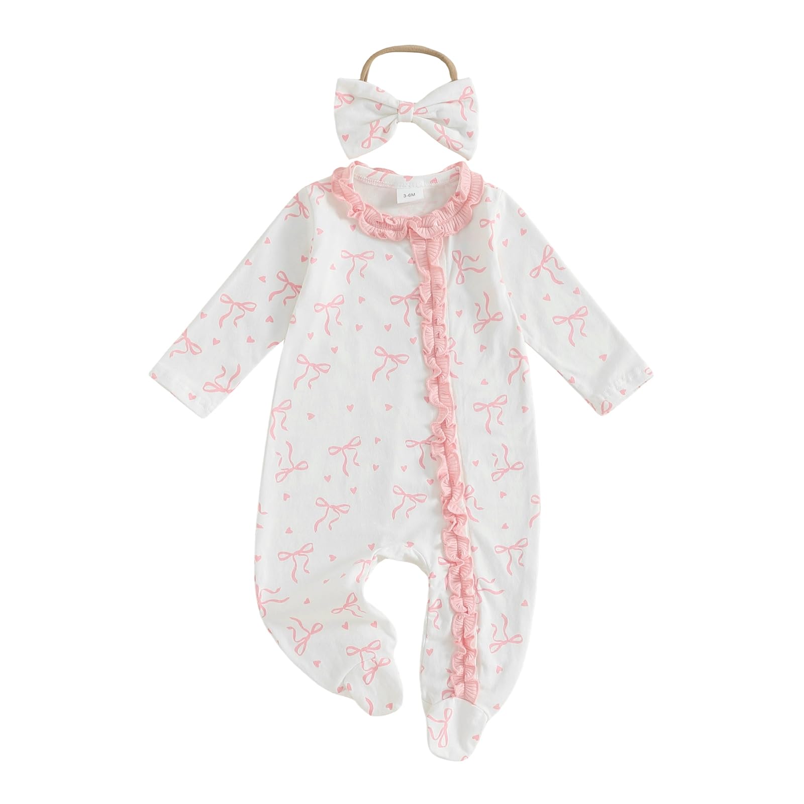 BULINGNA Newborn Baby Girl Outfits Bow Print Jumpsuit Ruffle Zipper Footed One-Piece Romper Cute Fall Winter Baby Outfit (Pink, 