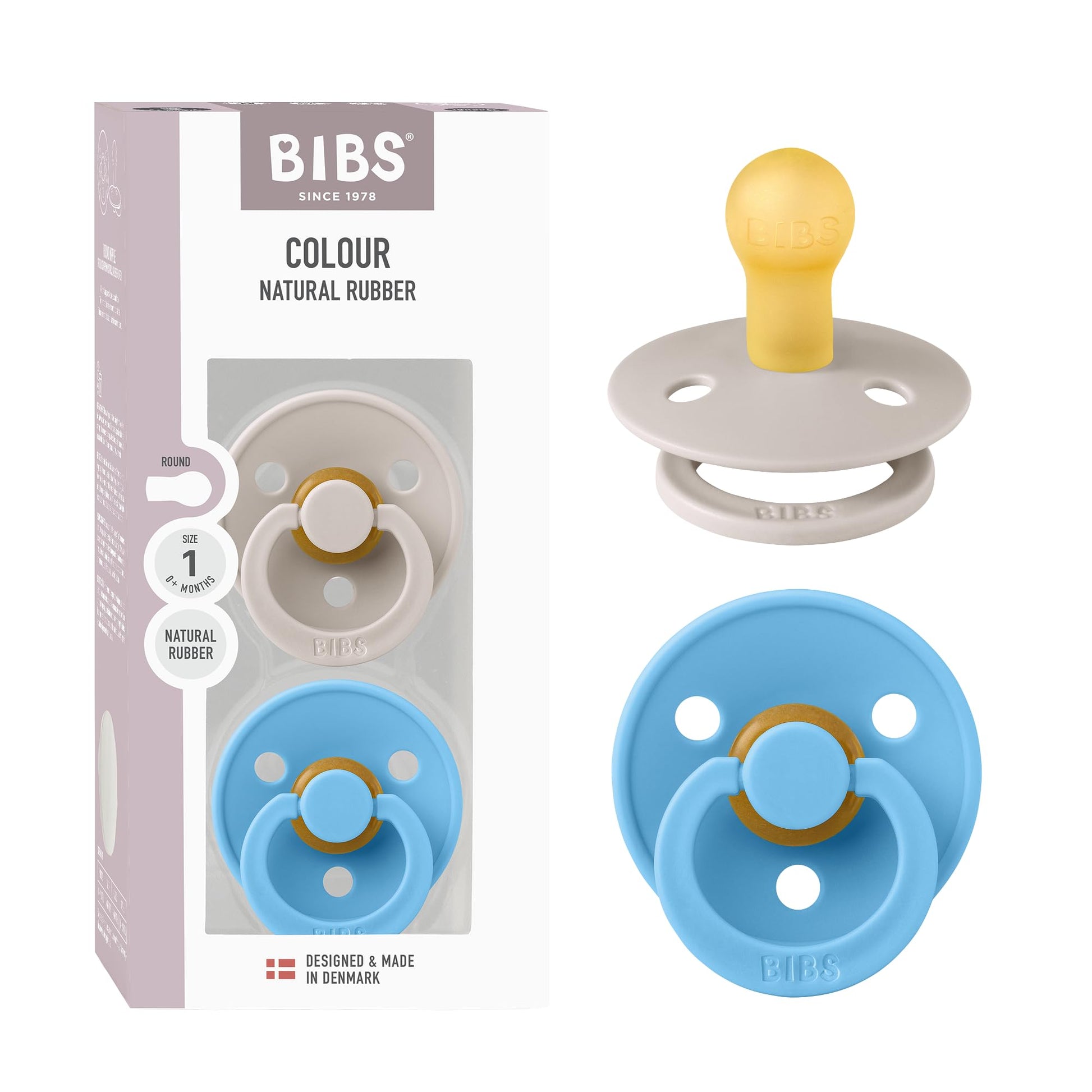 Bibs Colour Pacifier 2-Pack, Bpa Free Dummy Binky, Round Nipple. Natural Rubber Latex, Made In Denmark, Size 1 (0-6 Months), Mus