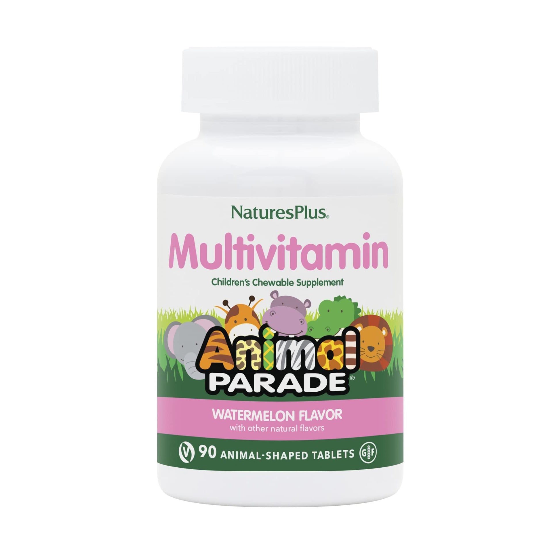 Natures Plus Animal Parade Multivitamin Childrens Chewables - Watermelon Flavor - 90 Animal Shaped Tablets - Promotes Health And