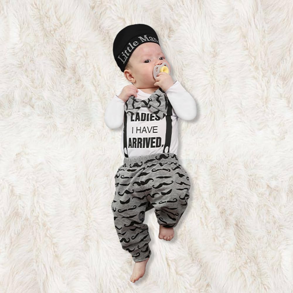Kukitty Newborn Infant Baby Boy Clothes Long Sleeve Bow Ladies I Have Arrived Romper + Moustache Pants + Hat 3Pcs Outfits Set (0