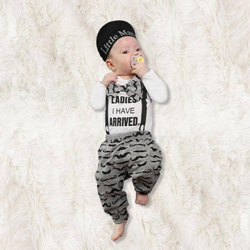 Kukitty Newborn Infant Baby Boy Clothes Long Sleeve Bow Ladies I Have Arrived Romper + Moustache Pants + Hat 3Pcs Outfits Set (0