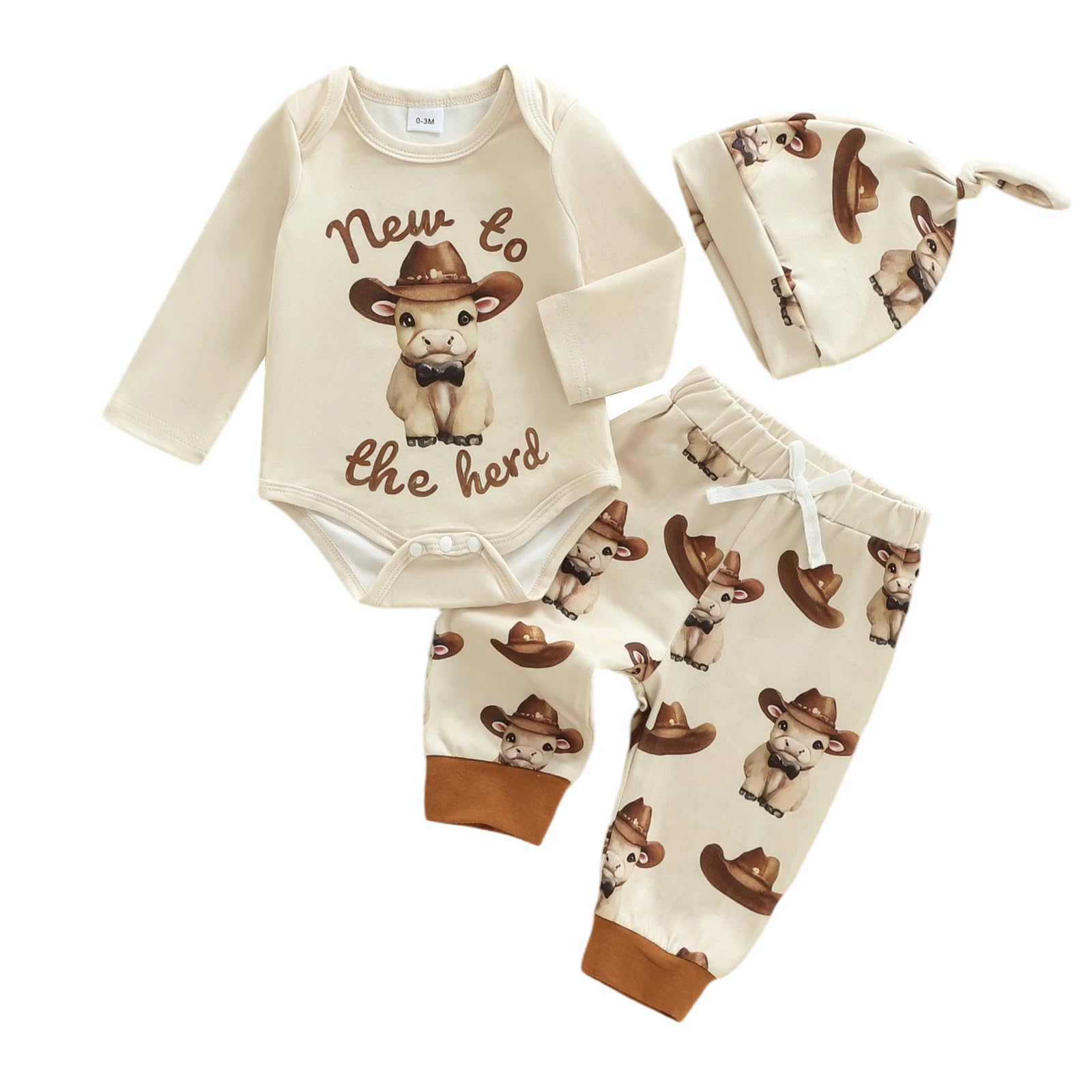 BULINGNANew to the Herd Baby Outfit Cow Print Fall My First Rodeo Long Sleeve Romper Pants Set Hat Western Baby Cowboy Outfit (K