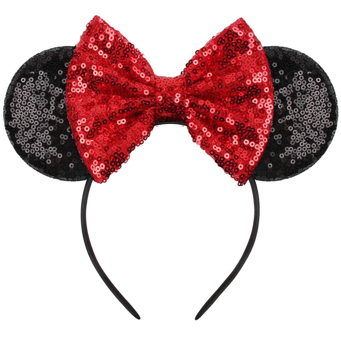 Seamoy Minnie Ears Headband,Sequin Mouse Ears Headband With Bow Hairs Accessories For Girls Women Adult Kids Birthday Party (Red