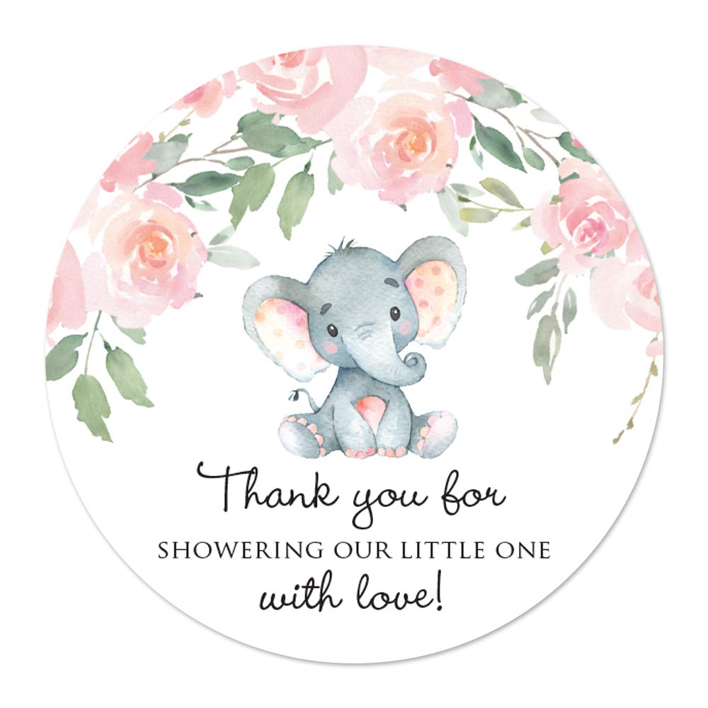 2' Round Elephant Baby Shower Thank You Favor Stickers (40 Labels) (Pink)