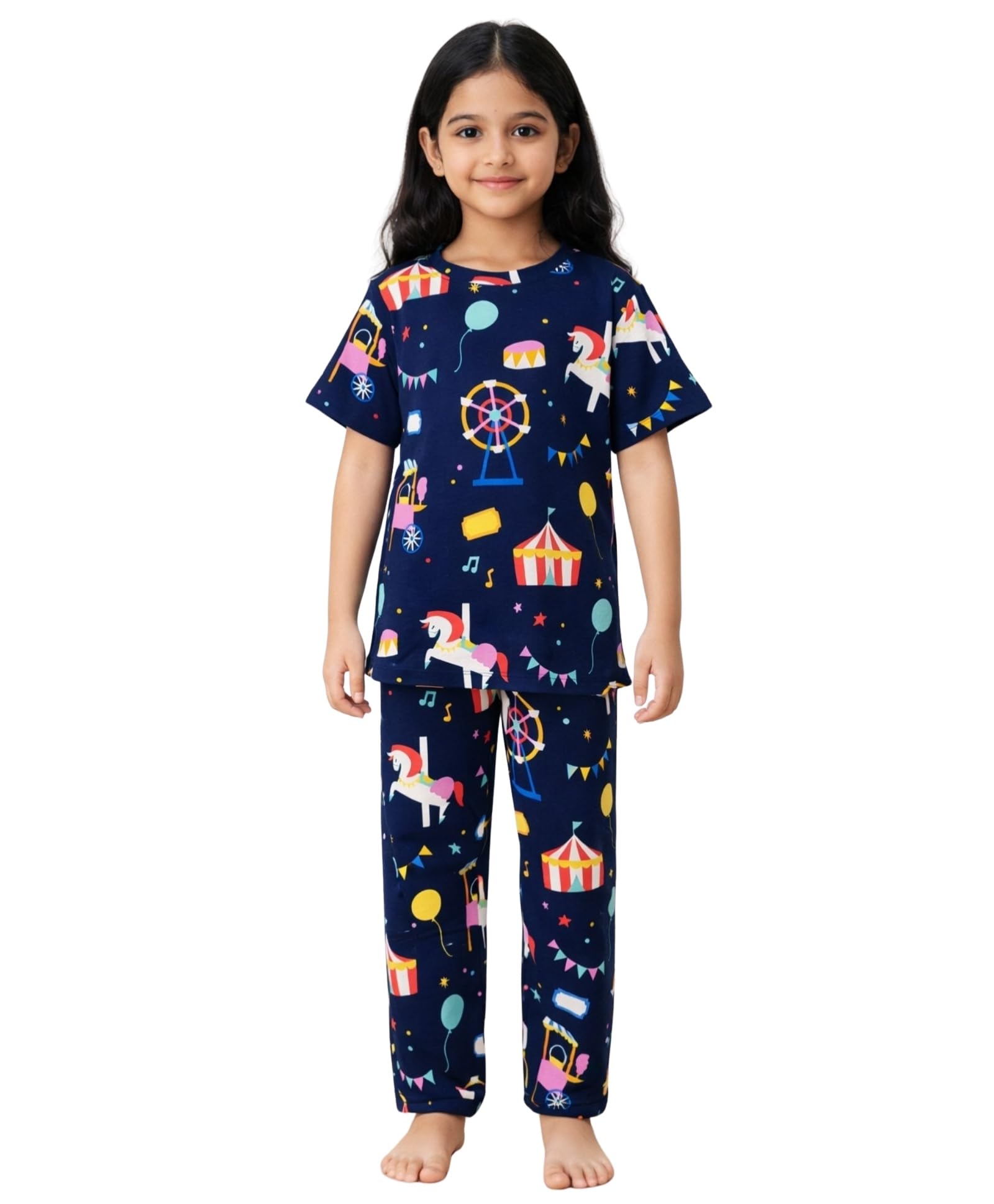 ANTHRILO Summer Carnival Circus Girls Short Sleeve Pyjama Set  Navy