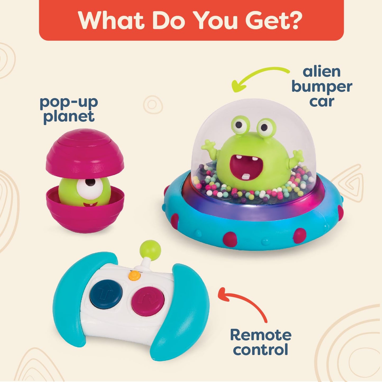 B. toys - Vehicle Bumper Space Car - Light - Up - Simple Remote Control Car for Toddlers with Alien Driver - Marky Mars - 12+ Mo