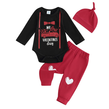 Baby Boy Valentines Day Outfit Long Sleeve Romper Onesie Jogger Pants Set My First Valentines Day Baby Boy Outfit(A-Black,6-12 M