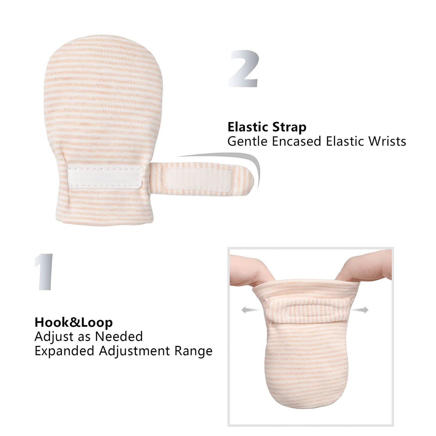 Newborn Baby No Scratch Mittens Stay On, 100% Cotton Breathable, Adjustable Infant Gloves For Baby Boys Girls Mittens (Khaki Str