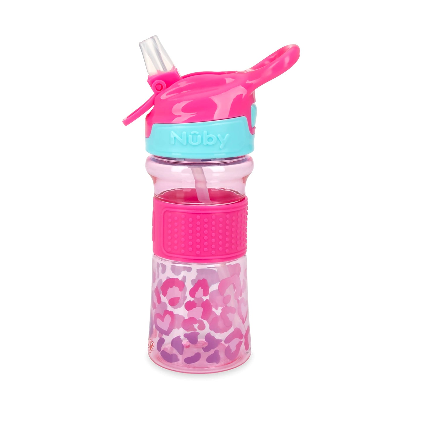 Nuby Thirsty Kids No Spill Flip-It Reflex Travel Cup With Soft Silicone Spout, 12 Oz, Pink Leopard