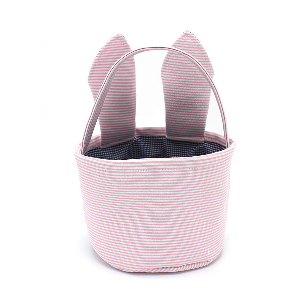 Easter Baskets Seersucker Easter Bunny Bag Bucket For Easter Egg Hunt Bunny Ears Design (Pink)