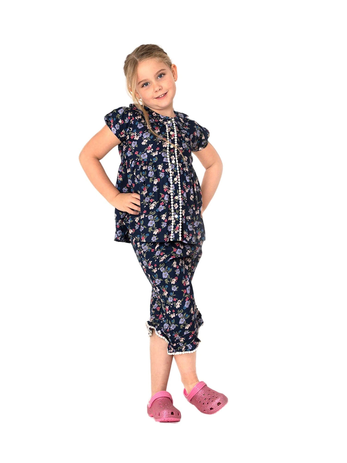 Cherry Crumble Navy Blue Floral Printed Viscose Half Sleeves Peter Pan Collar Night Wear Regular Fit Lace Summer Nightsuit for G
