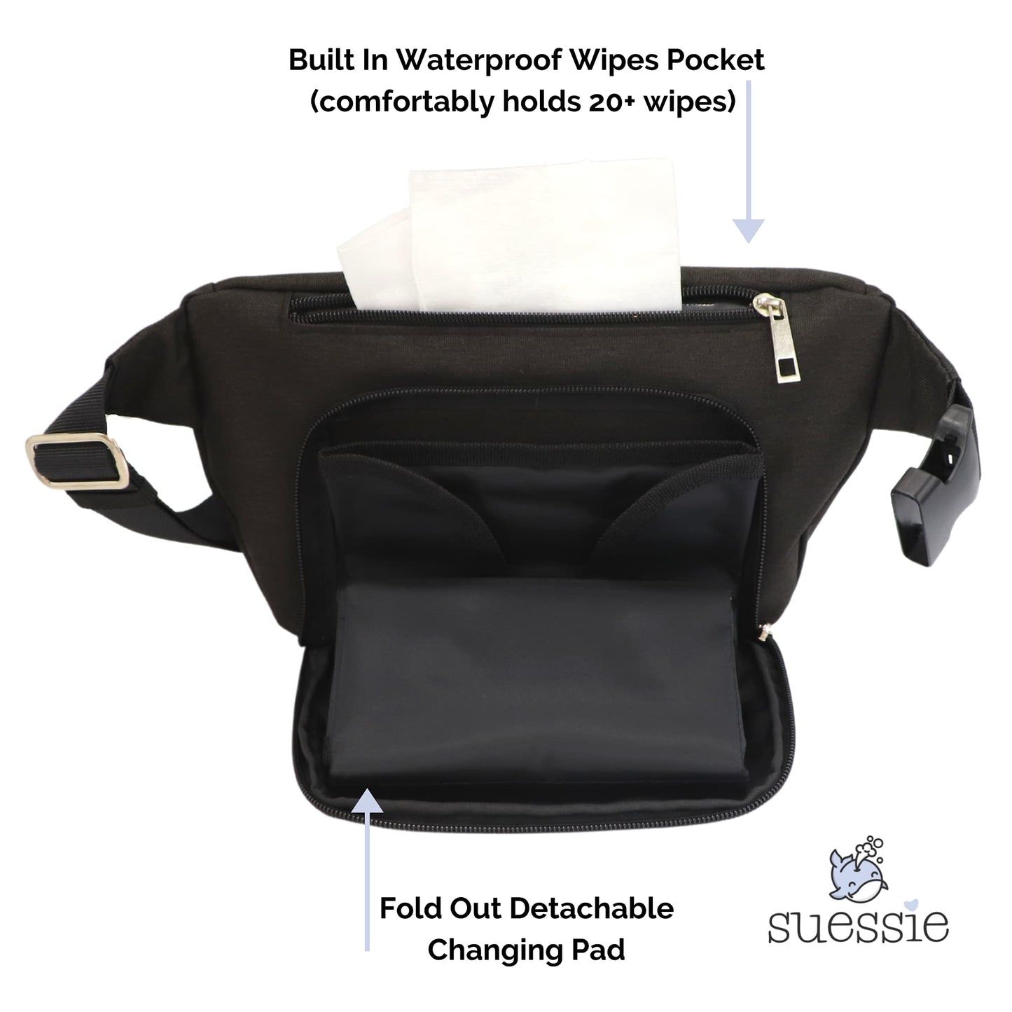 Suessie Fanny Pack Diaper Bag - With Baby Changing Pad & Waterproof Wipes Pocket - Stroller Organizer Black