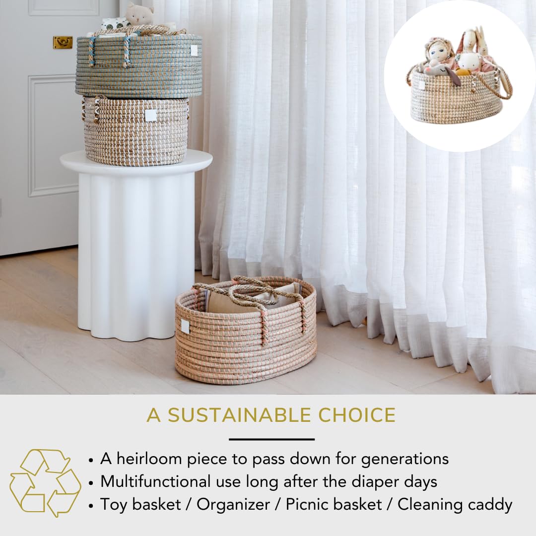 Bebe Bask Baby Diaper Caddy Organizer - Handmade Organic Seagrass - Luxury Diaper Caddy Basket - Cute Diaper Caddy For Baby Girl