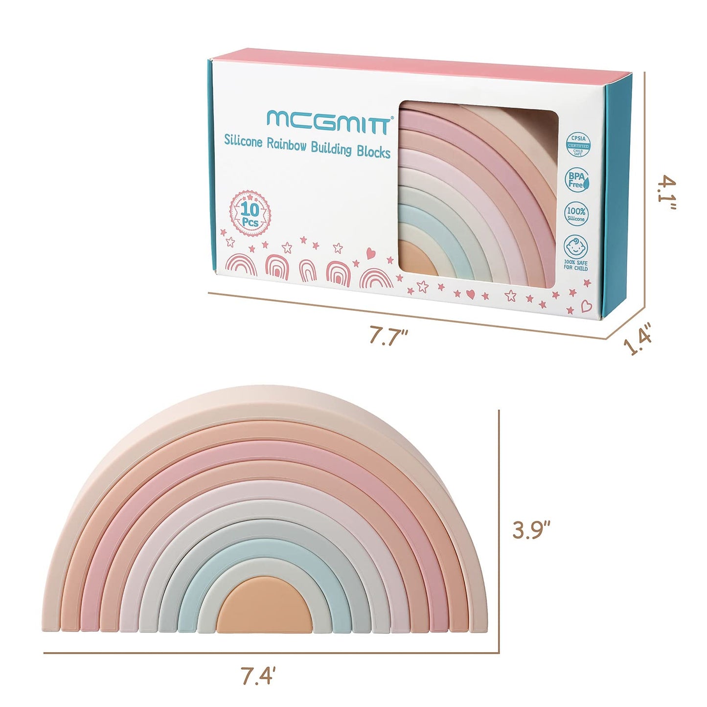 MCGMITT Rainbow Stacking Toy, Silicone Rainbow Stacker for Todders, Montessori Nesting Blocks, Building Creative Color Shape Mat