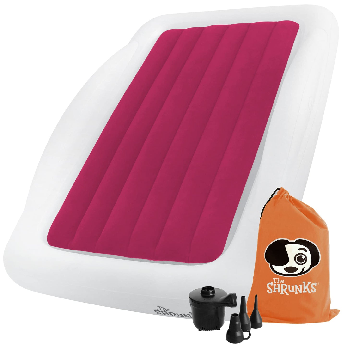 The Shrunks Pink Toddler Travel Bed | Inflatable Kids Air Mattress with Safety Bumpers & Electric Pump | Portable Blow-Up Bed fo