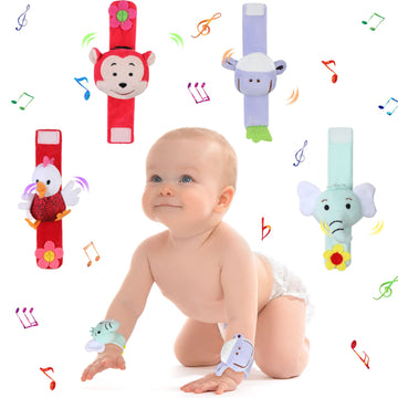 4 Pieces Baby Wrist Rattles Animal Pattern Newborn Foot Rattles Toy for 0-12 Months Babies Boy Girl Infant Birthday Gifts Educat