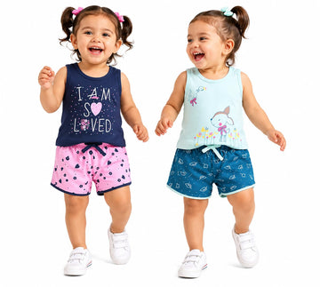 TINY BINY Summer Wear for Kid Girls | Sleeveless Vest & Short Combo Set | Pure Cotton Casual Wear Pack of 2 | Age 6 months to 5 